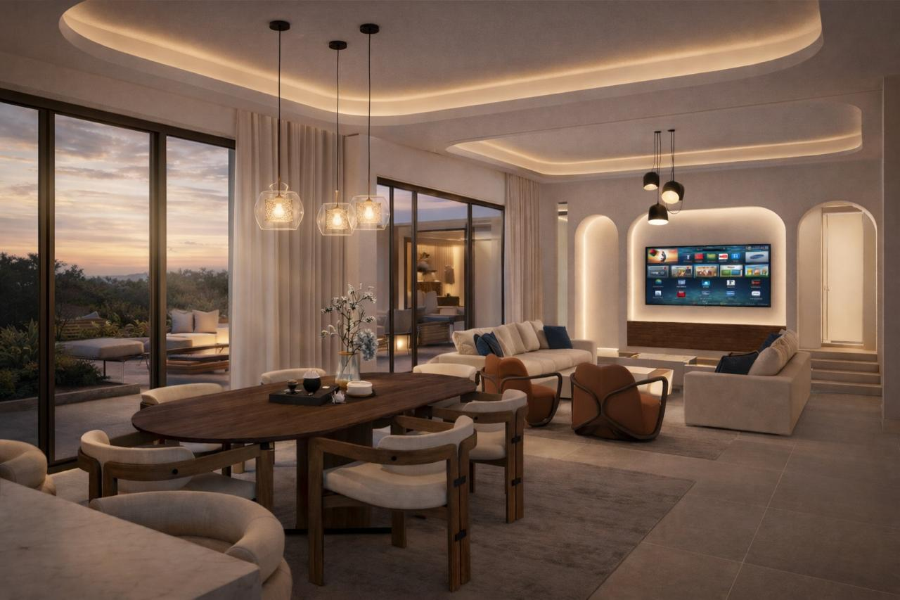 Interior de villa de lujo con iluminación cálida y diseño contemporáneo